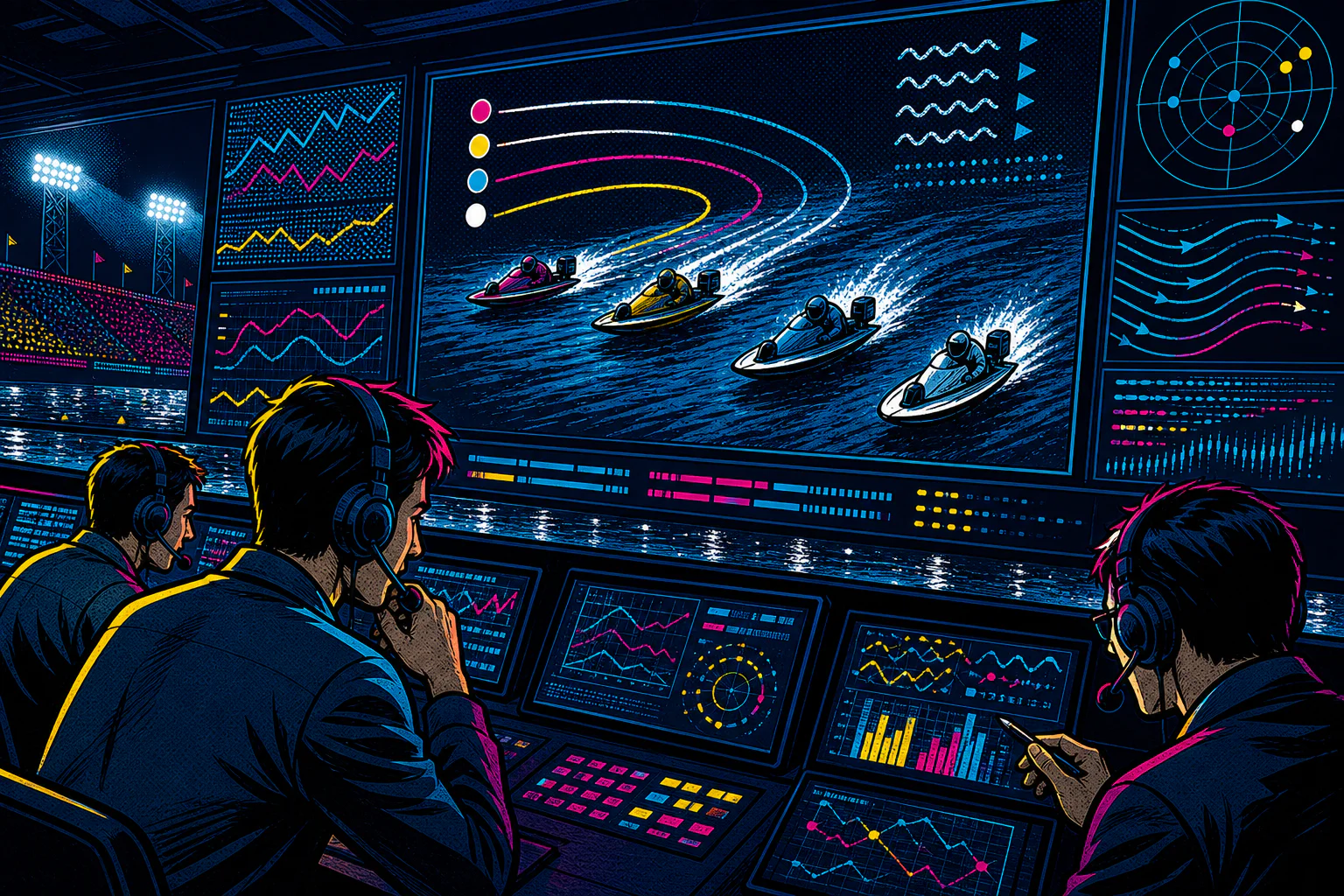 大型LED画面でボートレースのデータを解析するアナリストのコミックイラスト
