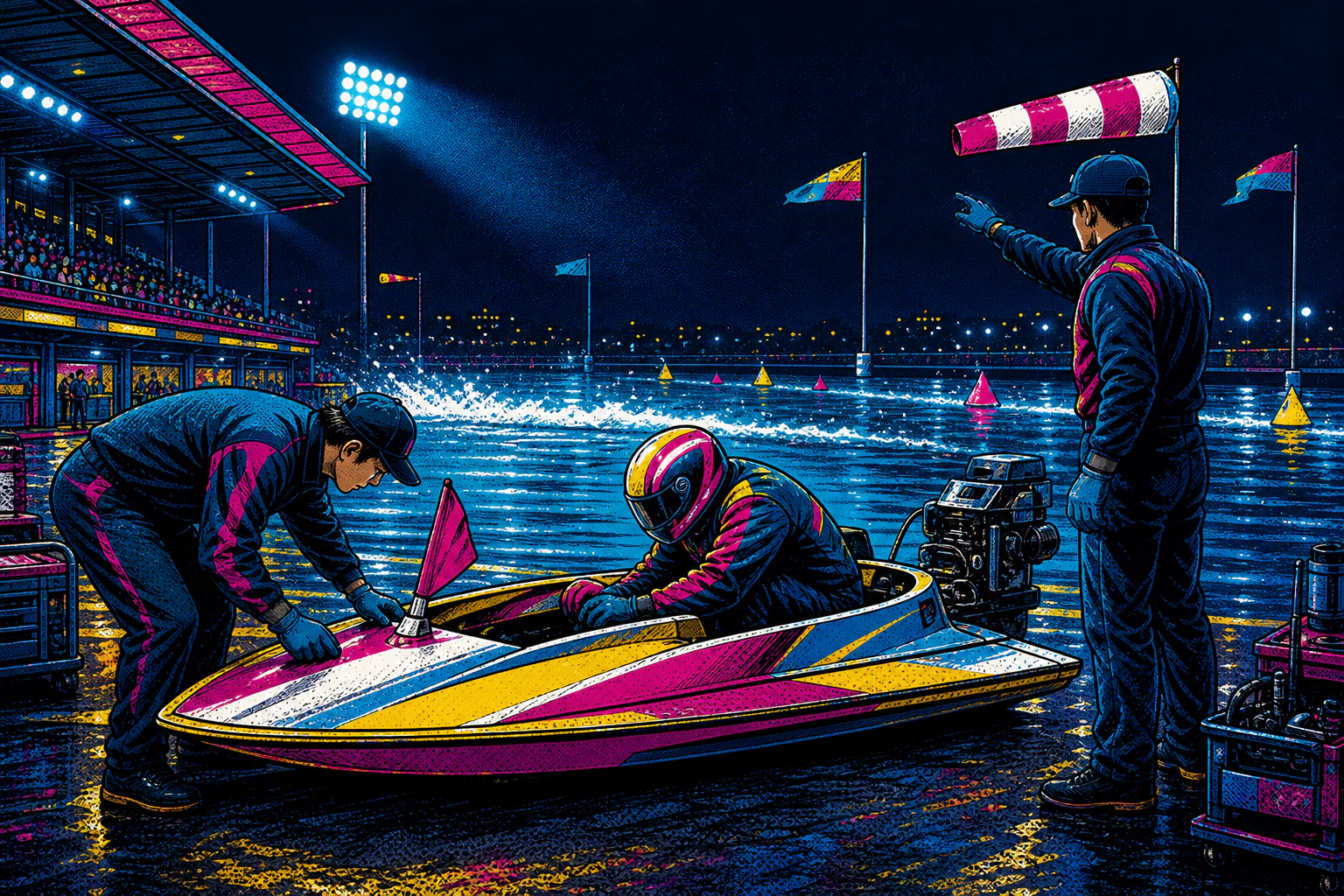 水面際で日本型ボートレース艇と船外機を点検する現場スタッフのコミックイラスト