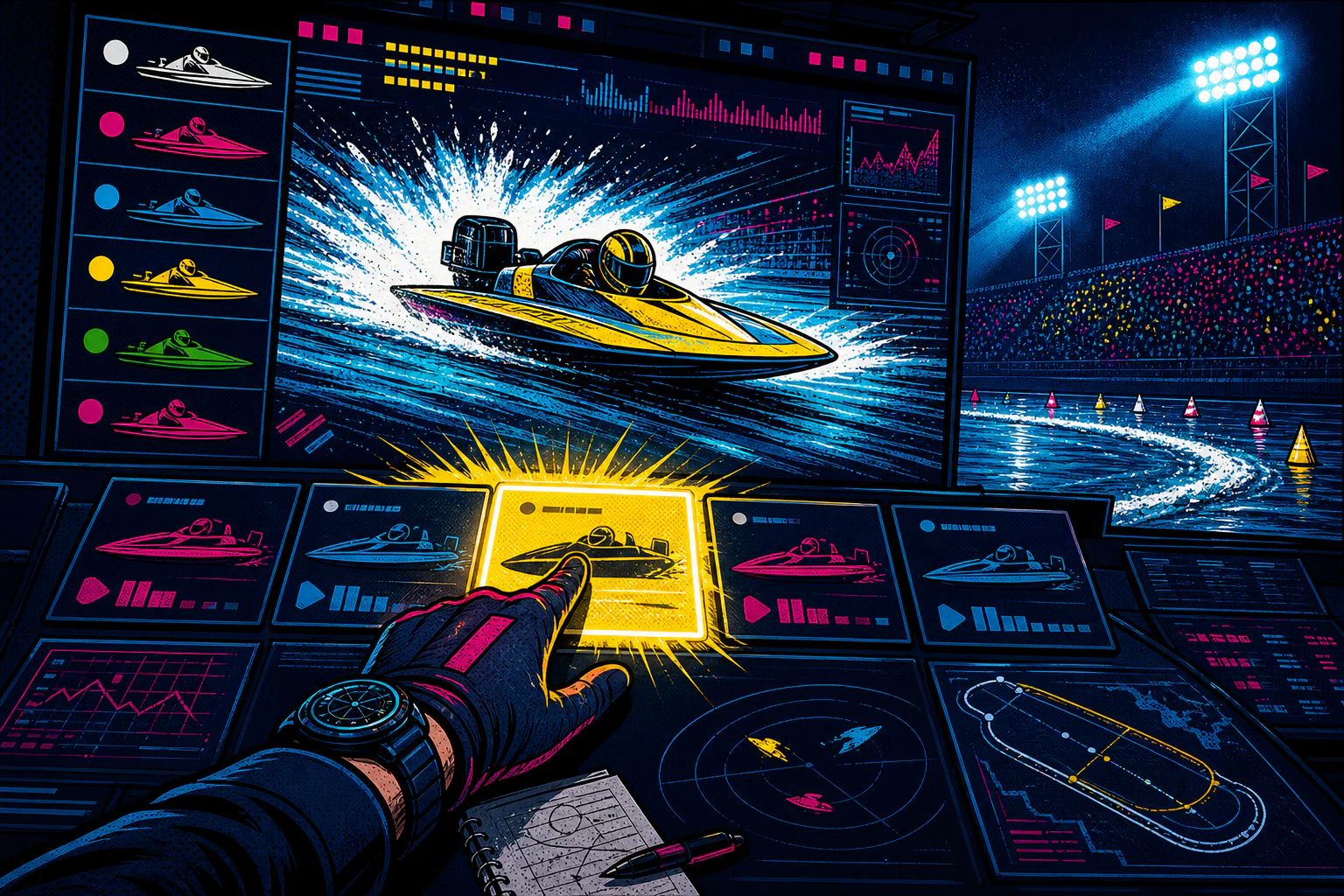 大型レースボードを見ながら勝負レースを選定する戦略シーンのコミックイラスト