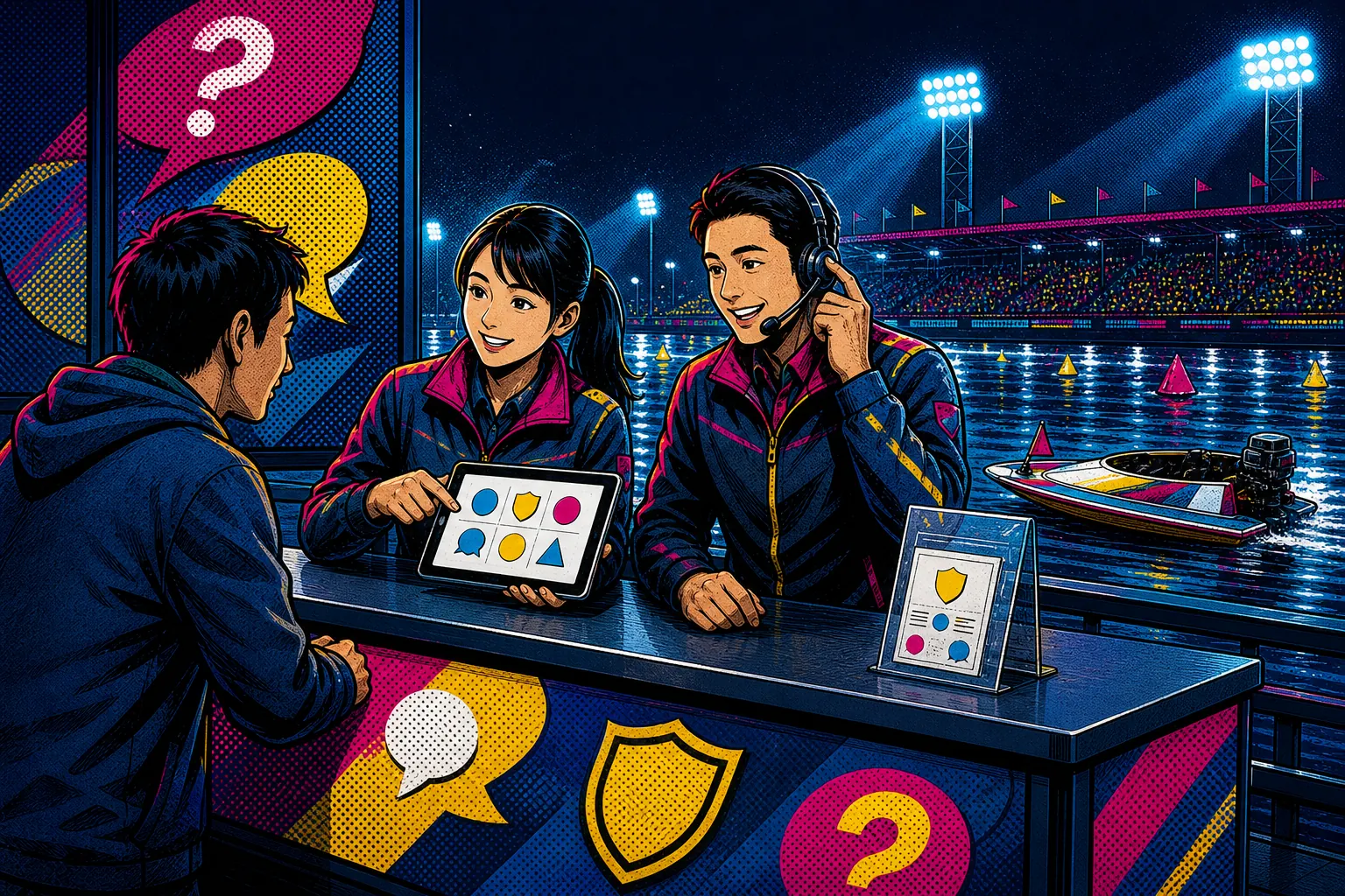 ナイトレース会場のサポートデスクと日本型競走艇のコミックイラスト