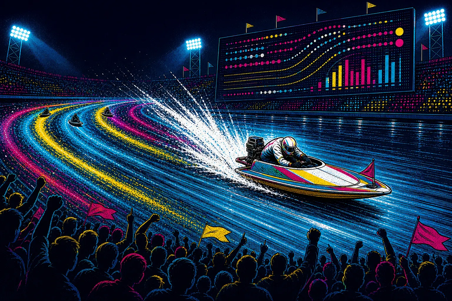 群衆の予想ラインから一艇が抜け出すボートレースのコミックイラスト