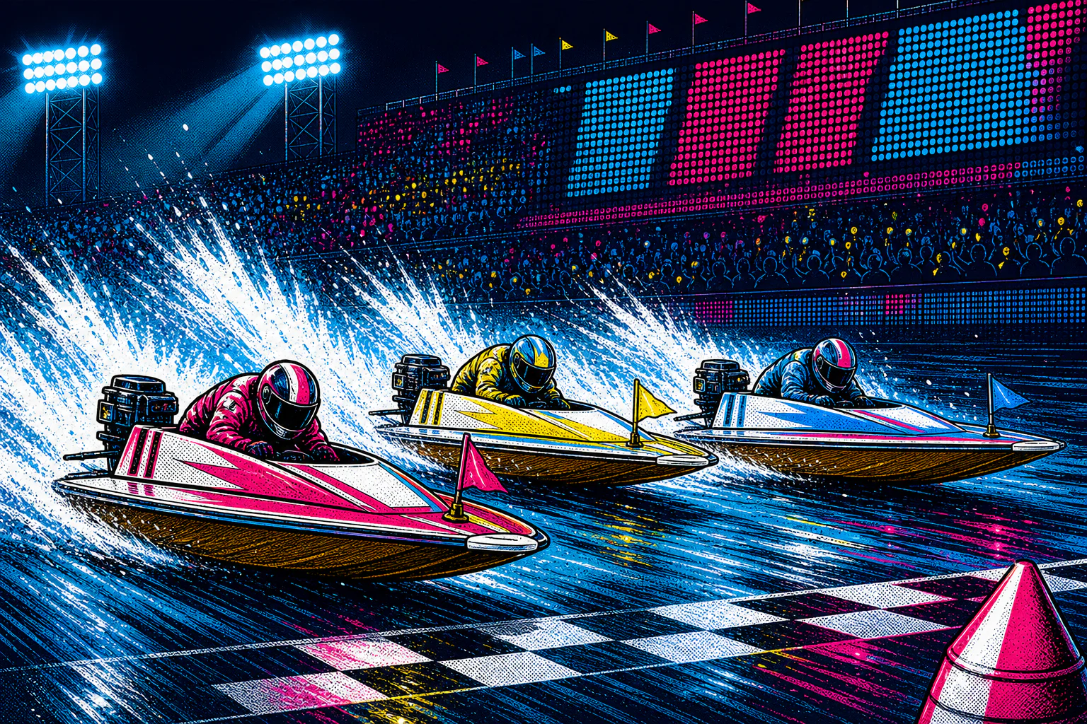 ナイトレースで競走艇がゴールへ競り合うイラスト
