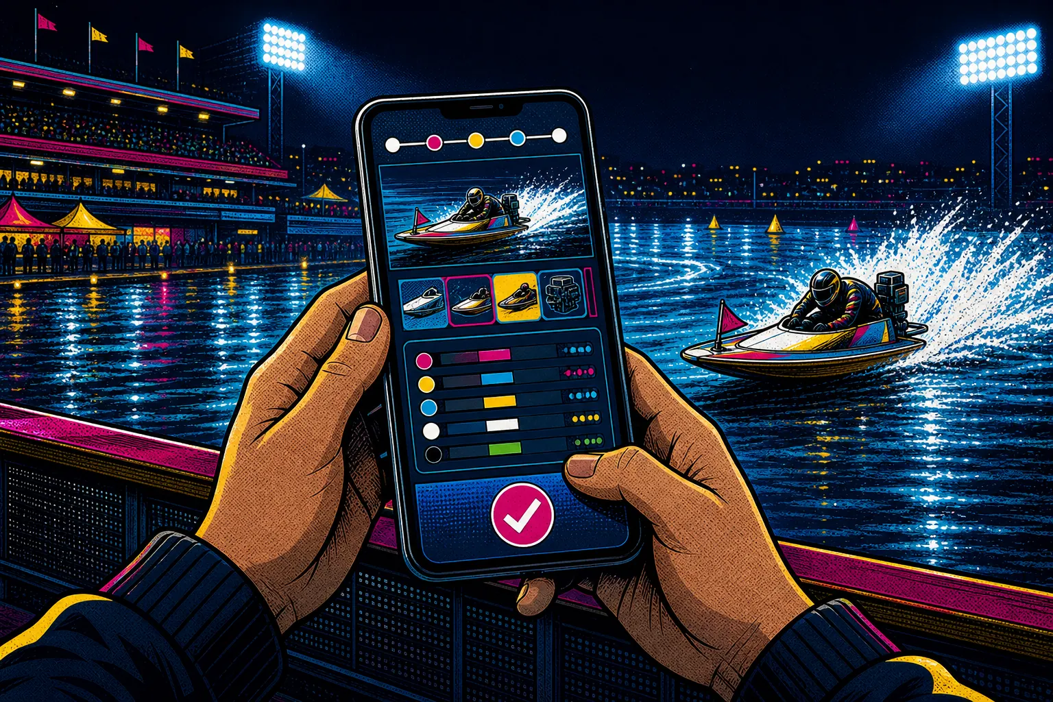 スマートフォンで本日のボートレース情報を確認する会員イメージのコミックイラスト